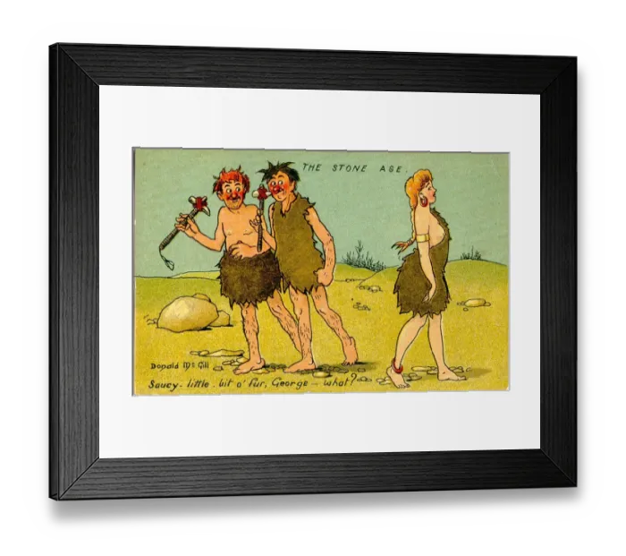 Framed Print : Comic postcard, Stone Age attractions Date: 20th century Framed Print : Comic postcard, Stone Age attractions Date: 20th century