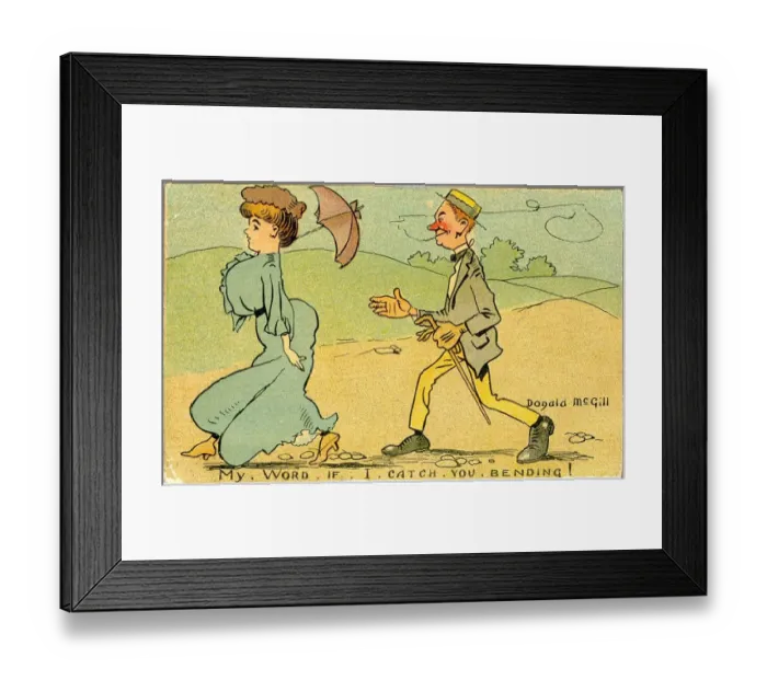 Framed Print : Comic postcard, Couple walking in the countryside - My word, if I catch you bending Framed Print : Comic postcard, Couple walking in the countryside - My word, if I catch you bending