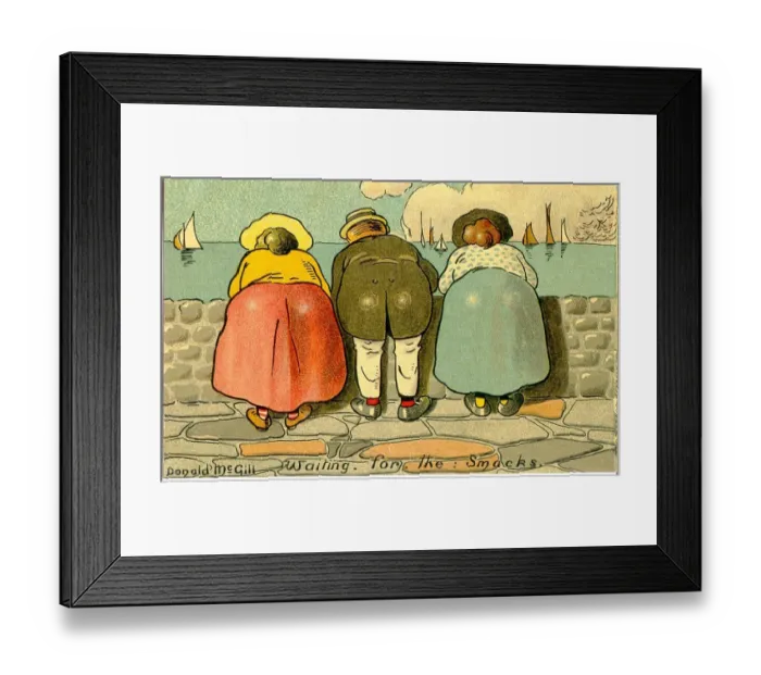 Framed Print : Comic postcard, Three people at the seaside - waiting for the smacks Date