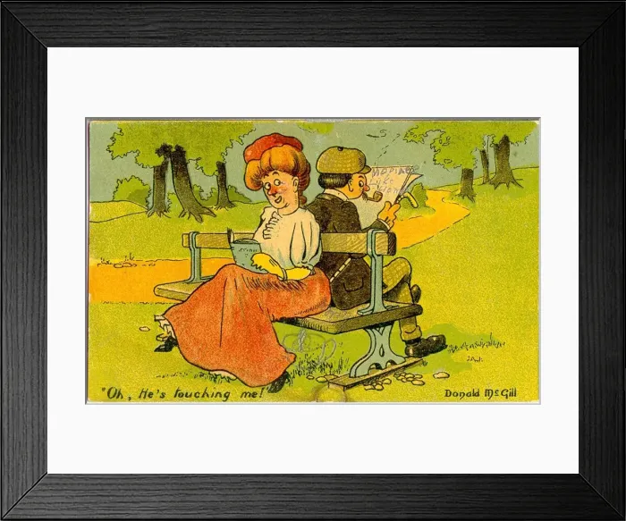 Framed Print : Comic postcard, Man and woman sitting on a bench - Oh, hes touching me Framed Print : Comic postcard, Man and woman sitting on a bench - Oh, hes touching me