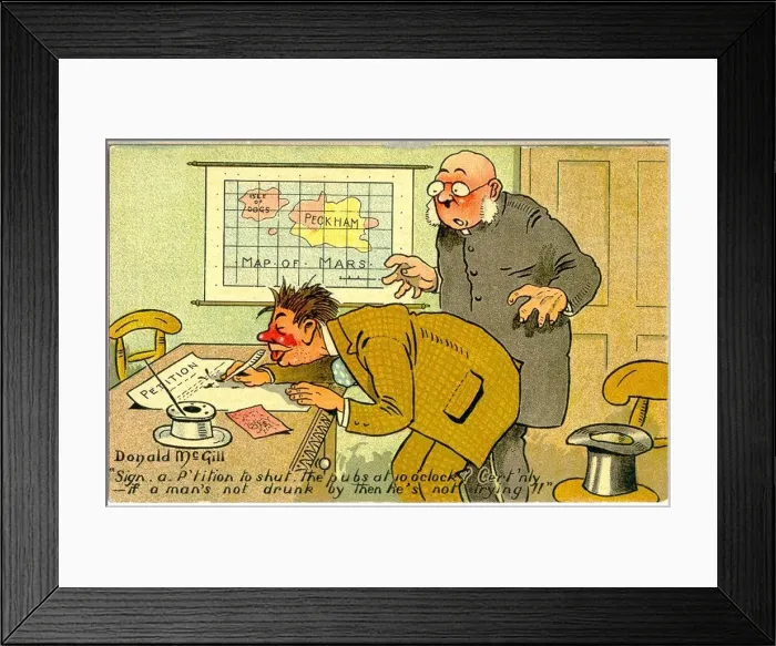 Framed Print : Comic postcard, Drunkard signing petition to shut the pubs at ten. Date: 20th century Framed Print : Comic postcard, Drunkard signing petition to shut the pubs at ten. Date: 20th century