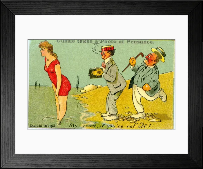 Framed Print : Comic postcard, Two men and a woman at the seaside Framed Print : Comic postcard, Two men and a woman at the seaside