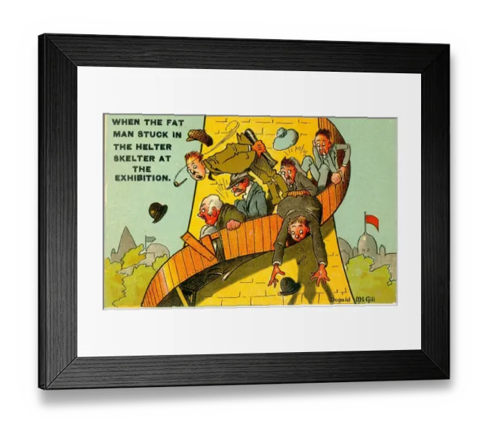 Framed Print : Comic postcard, Helter Skelter, Edinburgh Exhibition - when the fat man got stuck Framed Print : Comic postcard, Helter Skelter, Edinburgh Exhibition - when the fat man got stuck