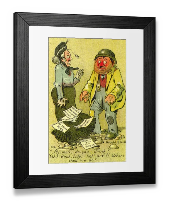 Framed Print : Comic postcard, Temperance woman and drunkard Date: 20th century Framed Print : Comic postcard, Temperance woman and drunkard Date: 20th century