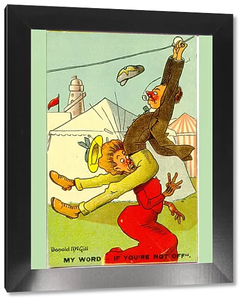 Comic postcard, Edinburgh Exhibition - man collides with woman Date: 20th century