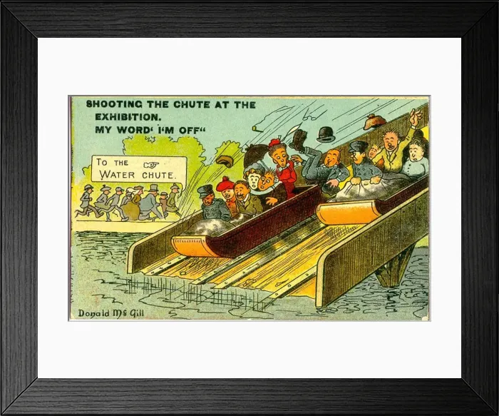 Framed Print : Comic postcard, Water Chute, Edinburgh Exhibition - shooting the chute Date Framed Print : Comic postcard, Water Chute, Edinburgh Exhibition - shooting the chute Date