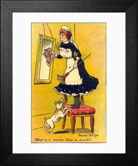 Framed Print : Comic postcard, Maidservant and dog Date: 20th century Framed Print : Comic postcard, Maidservant and dog Date: 20th century