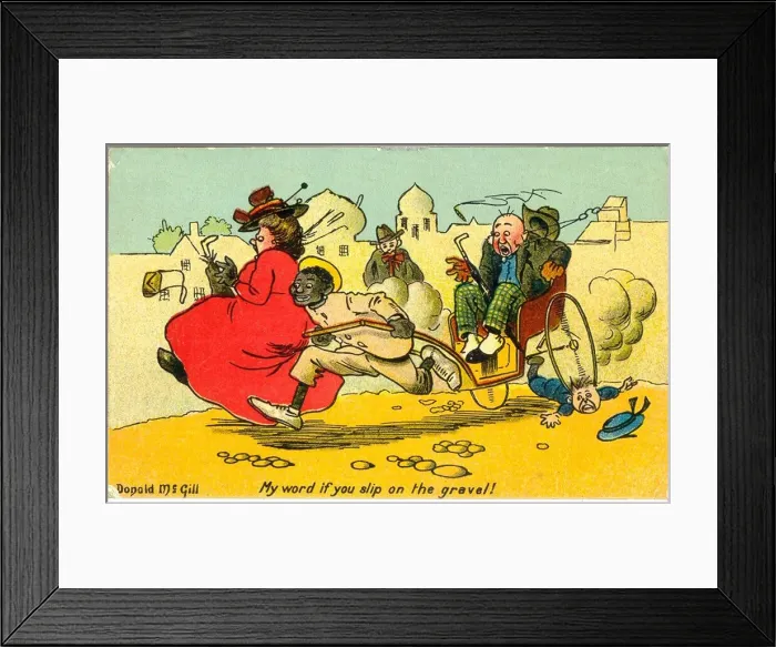 Framed Print : Comic postcard, Rickshaw ride - My word if you slip on the gravel Framed Print : Comic postcard, Rickshaw ride - My word if you slip on the gravel