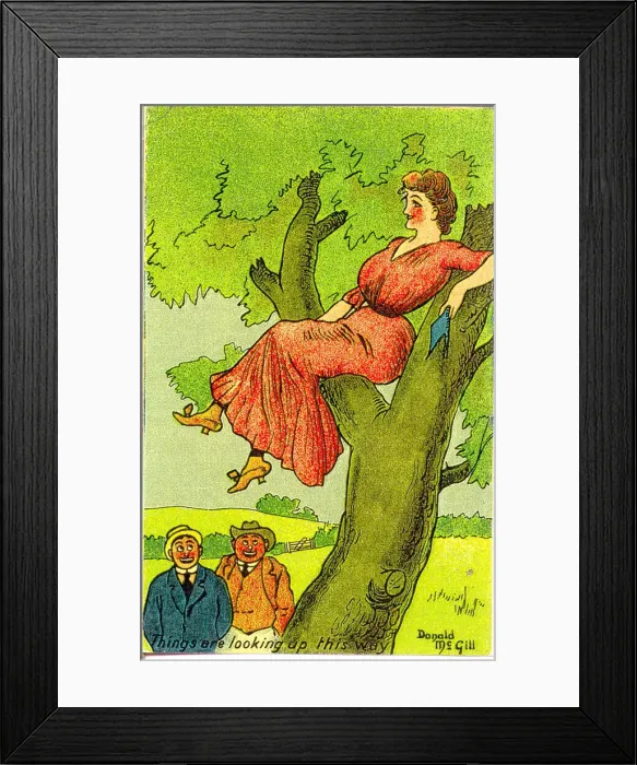 Framed Print : Comic postcard, Woman sitting in a tree - Things are looking up this way Date Framed Print : Comic postcard, Woman sitting in a tree - Things are looking up this way Date