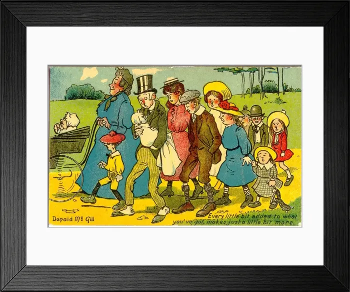 Framed Print : Comic postcard, Large family out for a walk Date: 20th century Framed Print : Comic postcard, Large family out for a walk Date: 20th century
