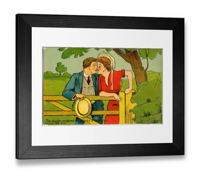 Framed Print : Comic postcard, Couple kissing in the countryside Date: 20th century Framed Print : Comic postcard, Couple kissing in the countryside Date: 20th century