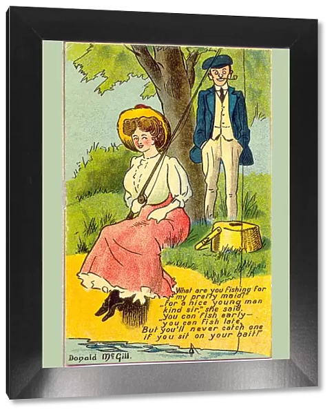 Comic postcard, Man chats with woman fishing Date: 20th century