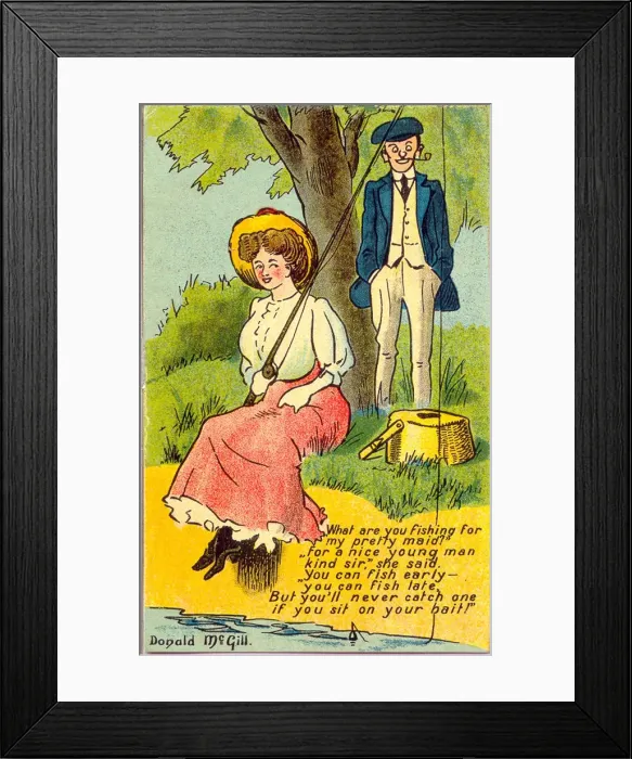 Framed Print : Comic postcard, Man chats with woman fishing Date: 20th century Framed Print : Comic postcard, Man chats with woman fishing Date: 20th century