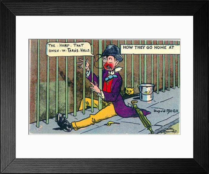 Framed Print : Comic postcard, Drunken man on his way home, playing the railings like a harp Date Framed Print : Comic postcard, Drunken man on his way home, playing the railings like a harp Date
