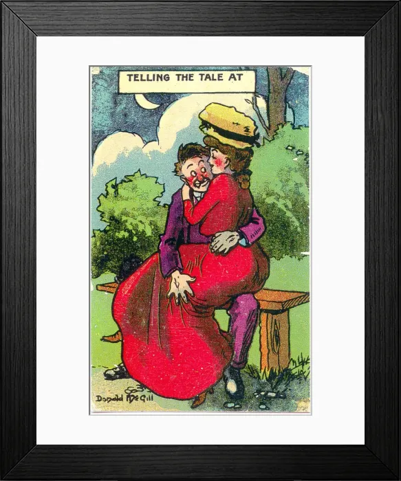 Framed Print : Comic postcard, Courting couple in a park at night Framed Print : Comic postcard, Courting couple in a park at night