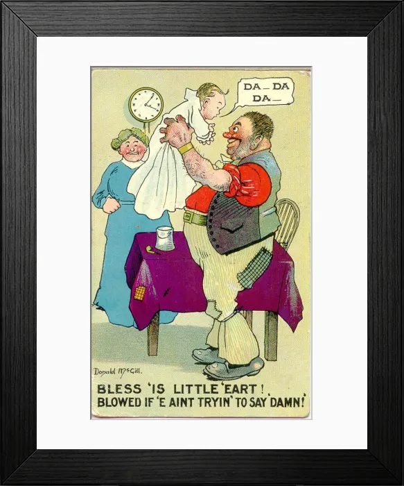 Framed Print : Comic postcard, Couple with baby Date: 20th century Framed Print : Comic postcard, Couple with baby Date: 20th century