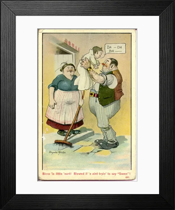 Framed Print : Comic postcard, Couple with baby Date: 20th century Framed Print : Comic postcard, Couple with baby Date: 20th century