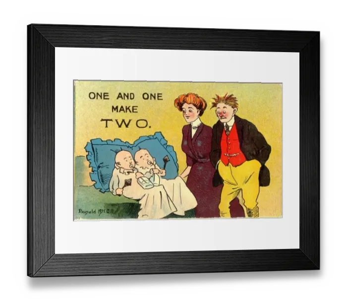 Framed Print : Comic postcard, Couple with twins - One and one make two Date: 20th century Framed Print : Comic postcard, Couple with twins - One and one make two Date: 20th century
