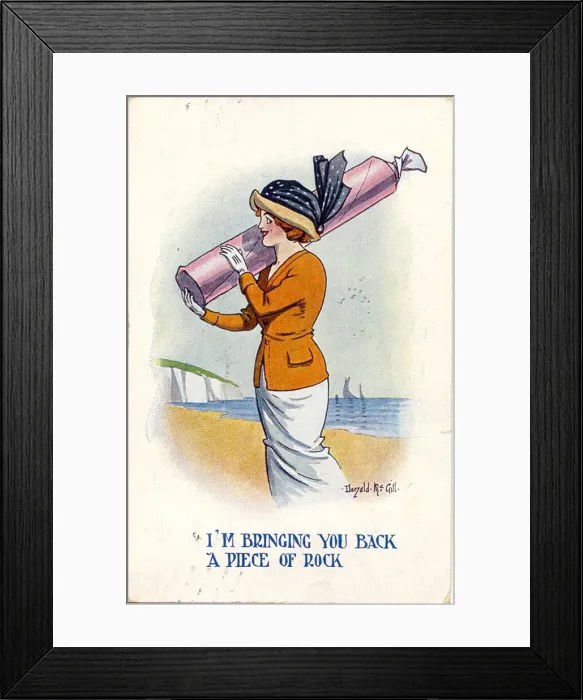 Framed Print : Comic postcard, Woman on the beach with a large stick of rock Date: 20th century Framed Print : Comic postcard, Woman on the beach with a large stick of rock Date: 20th century