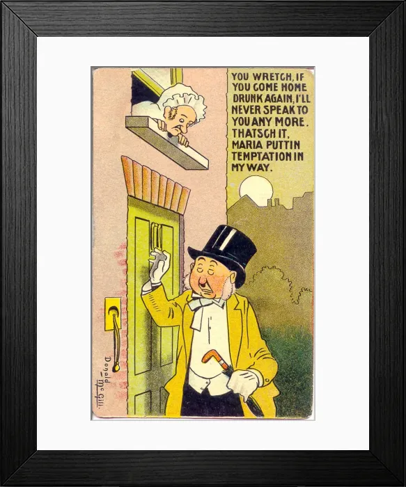 Framed Print : Comic postcard, Drunken man arrives home, disgruntled wife Date: 20th century Framed Print : Comic postcard, Drunken man arrives home, disgruntled wife Date: 20th century