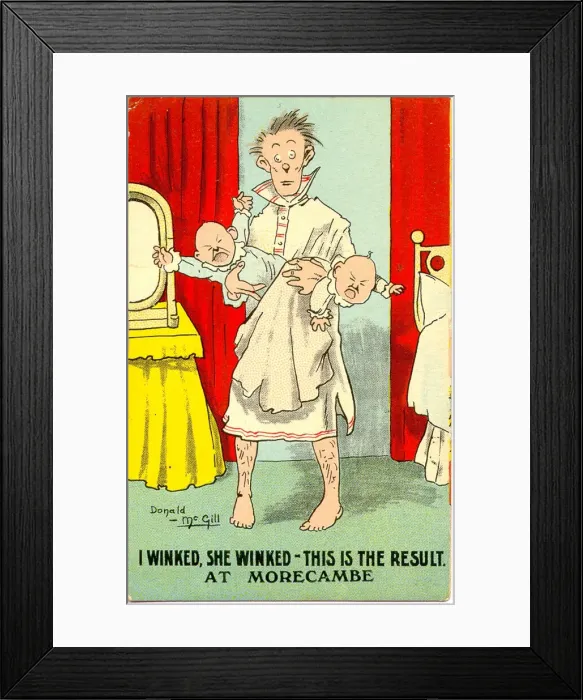 Framed Print : Comic postcard, Man with twins - I winked, she winked - this is the result. At Morecambe Framed Print : Comic postcard, Man with twins - I winked, she winked - this is the result. At Morecambe
