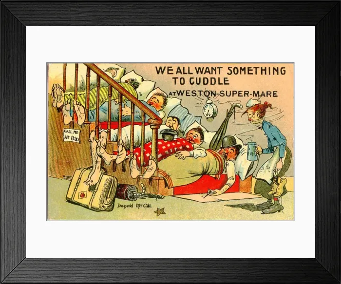 Framed Print : Comic postcard, People sleeping on the stairs at Weston-Super-Mare Framed Print : Comic postcard, People sleeping on the stairs at Weston-Super-Mare