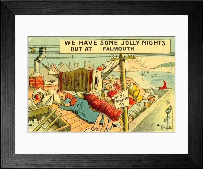 Framed Print : Comic postcard, People sleeping on the roof at Falmouth Date: 20th century Framed Print : Comic postcard, People sleeping on the roof at Falmouth Date: 20th century