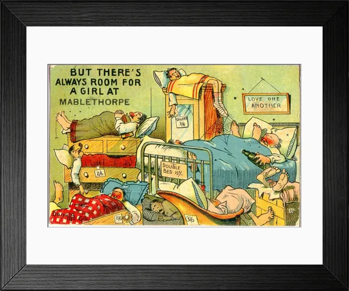 Framed Print : Comic postcard, Crowded hotel bedroom at Mablethorpe Date: 20th century Framed Print : Comic postcard, Crowded hotel bedroom at Mablethorpe Date: 20th century