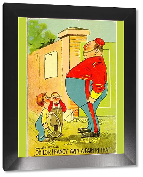 Comic postcard, Plump soldier and two boys Date: 20th century