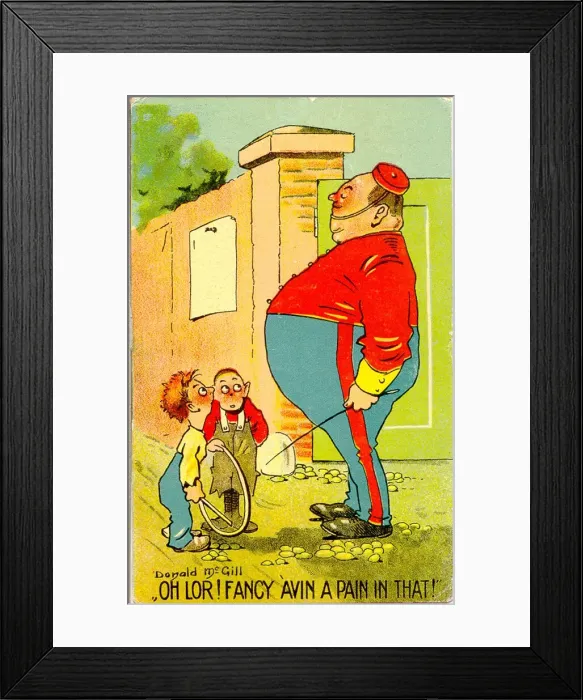 Framed Print : Comic postcard, Plump soldier and two boys Date: 20th century Framed Print : Comic postcard, Plump soldier and two boys Date: 20th century