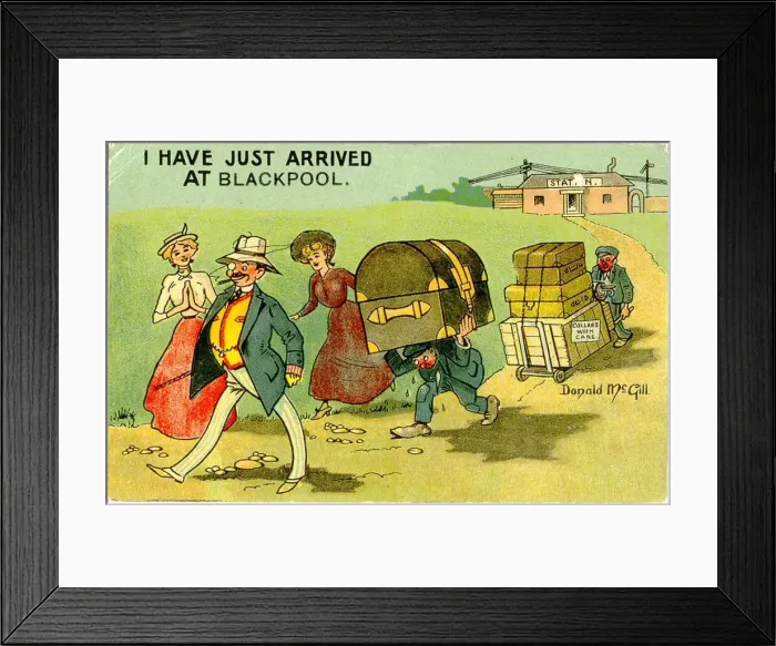 Framed Print : Comic postcard, Just arrived at Blackpool Date: 20th century Framed Print : Comic postcard, Just arrived at Blackpool Date: 20th century