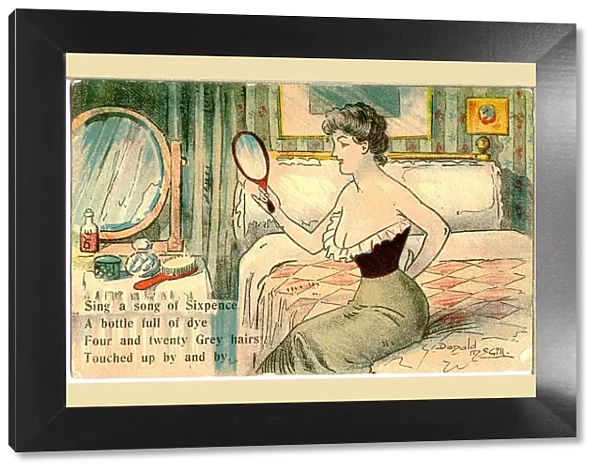 Comic postcard, Pretty woman in her bedroom - grey hairs Date: 20th century