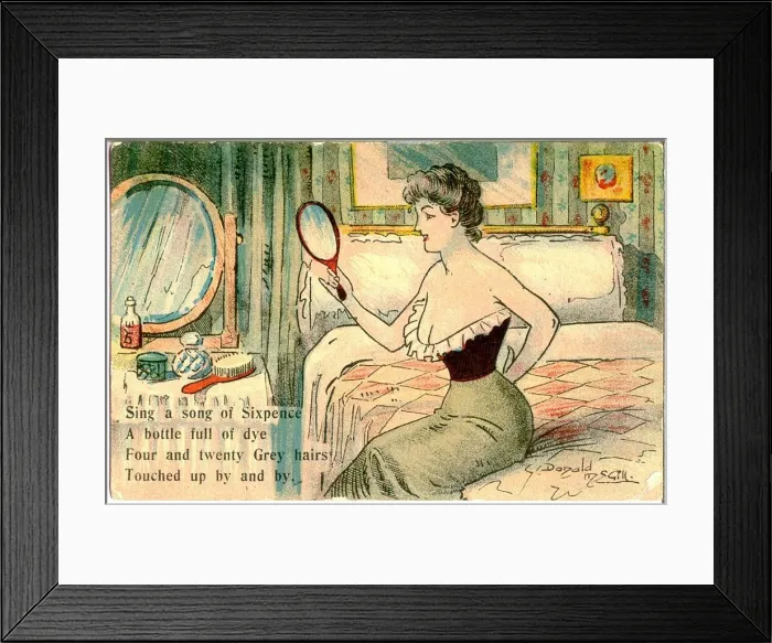 Framed Print : Comic postcard, Pretty woman in her bedroom - grey hairs Date: 20th century Framed Print : Comic postcard, Pretty woman in her bedroom - grey hairs Date: 20th century