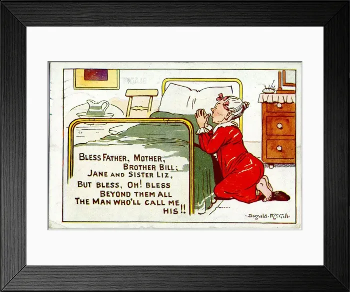 Framed Print : Comic postcard, Old maid saying her prayers Date: 20th century Framed Print : Comic postcard, Old maid saying her prayers Date: 20th century