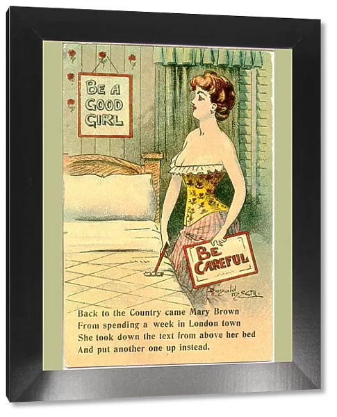 Comic postcard, Pretty woman in her bedroom - Be Careful Date: 20th century