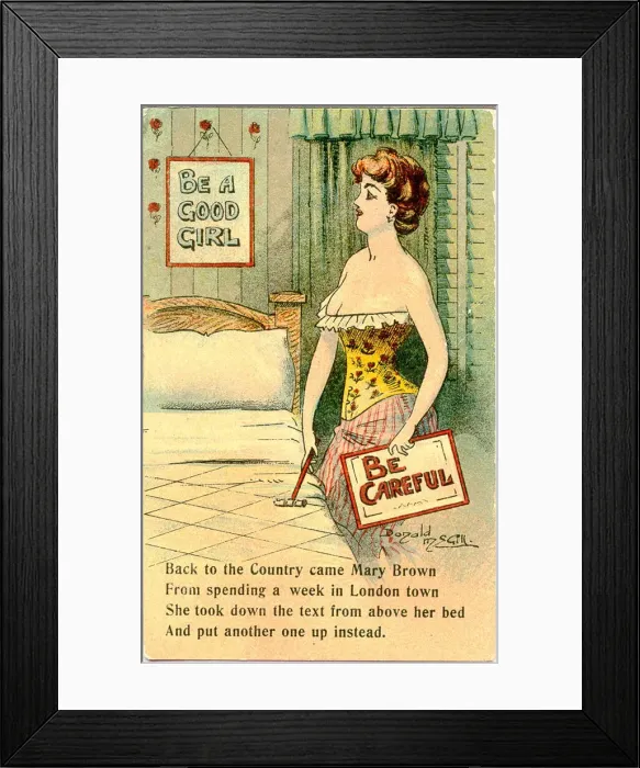 Framed Print : Comic postcard, Pretty woman in her bedroom - Be Careful Date: 20th century Framed Print : Comic postcard, Pretty woman in her bedroom - Be Careful Date: 20th century