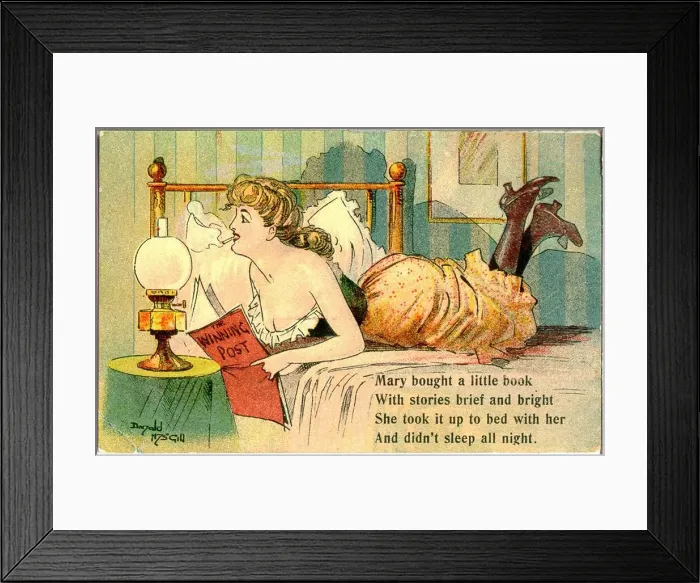Framed Print : Comic postcard, Pretty woman in her bedroom Framed Print : Comic postcard, Pretty woman in her bedroom