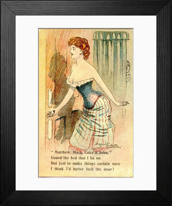 Framed Print : Comic postcard, Pretty woman in her bedroom - locking the door Date: 20th century Framed Print : Comic postcard, Pretty woman in her bedroom - locking the door Date: 20th century