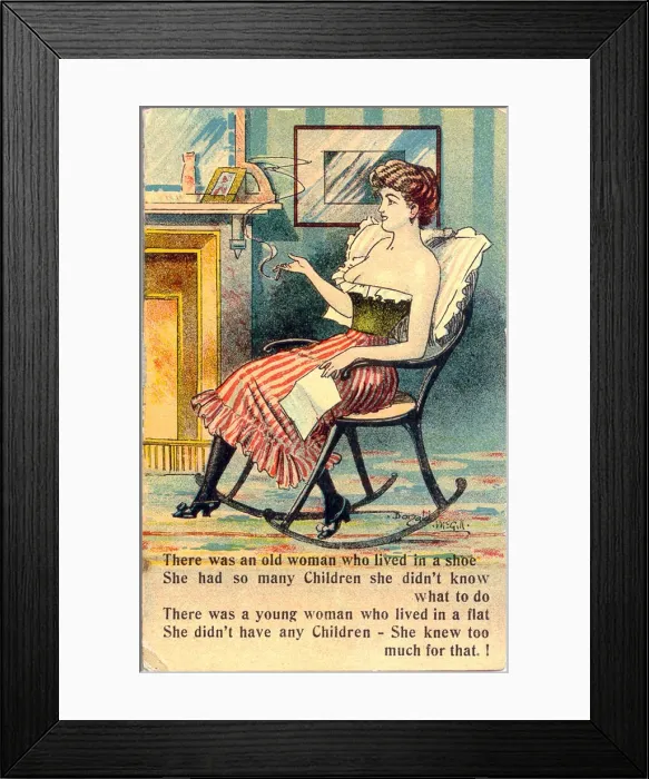 Framed Print : Comic postcard, Pretty woman in her bedroom - sitting in a rocking chair Date Framed Print : Comic postcard, Pretty woman in her bedroom - sitting in a rocking chair Date