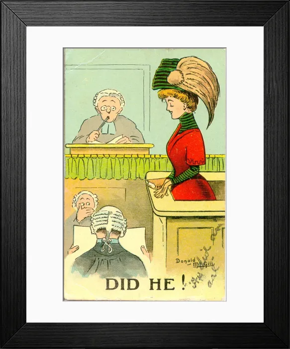 Framed Print : Comic postcard, Pretty woman in court scene Framed Print : Comic postcard, Pretty woman in court scene
