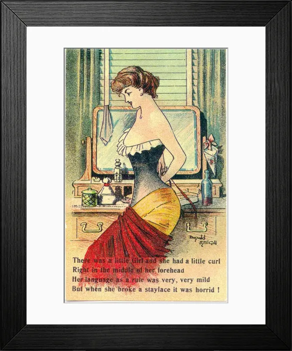 Framed Print : Comic postcard, Pretty woman in her bedroom - tying her stays Date: 20th century Framed Print : Comic postcard, Pretty woman in her bedroom - tying her stays Date: 20th century