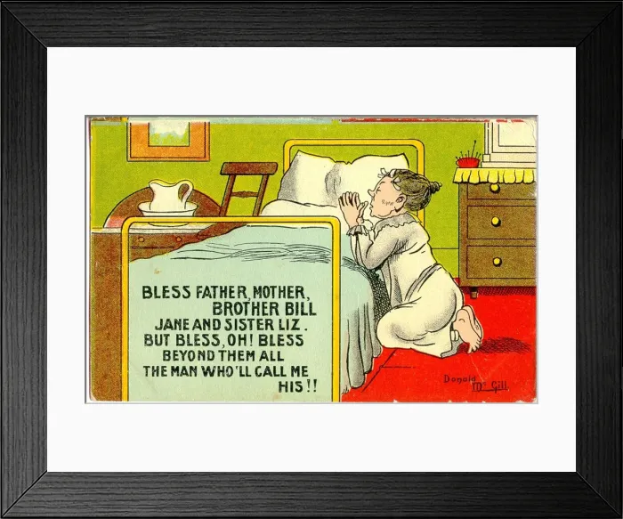 Framed Print : Comic postcard, Old maid saying her prayers Date: 20th century Framed Print : Comic postcard, Old maid saying her prayers Date: 20th century