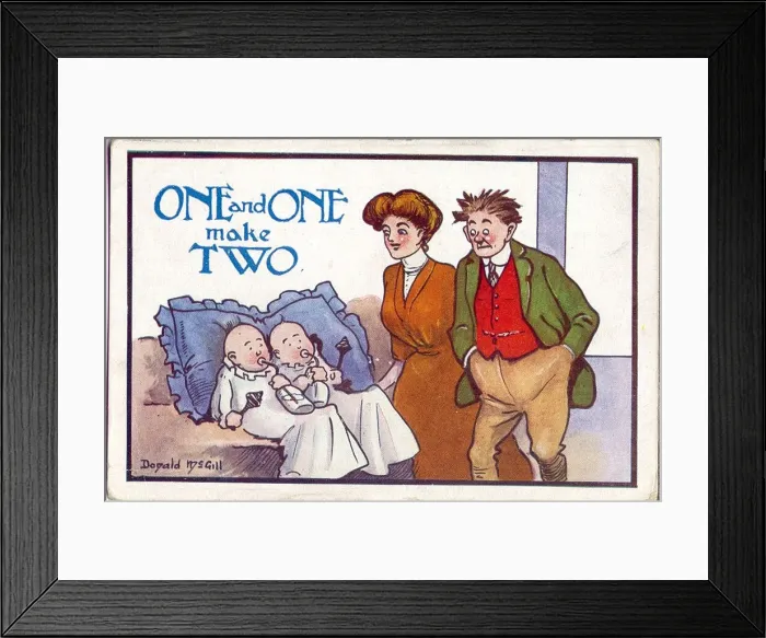 Framed Print : Comic postcard, Couple with twins - One and one make two Date: 20th century Framed Print : Comic postcard, Couple with twins - One and one make two Date: 20th century