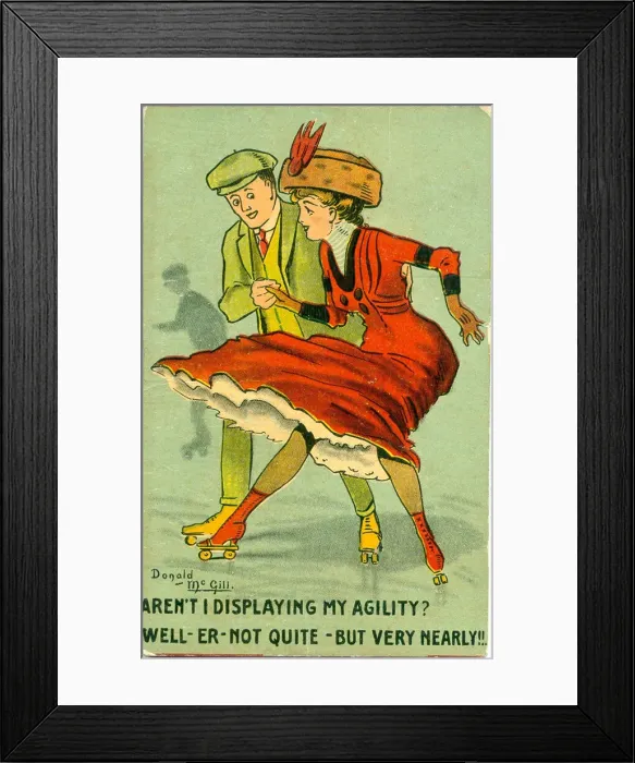 Framed Print : Comic postcard, Couple roller skating Date: 20th century Framed Print : Comic postcard, Couple roller skating Date: 20th century