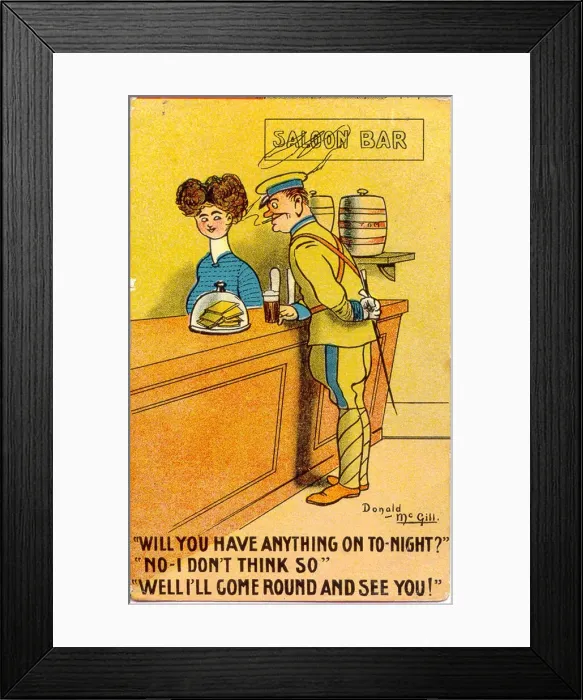 Framed Print : Comic postcard, Man propositions barmaid Date: 20th century Framed Print : Comic postcard, Man propositions barmaid Date: 20th century