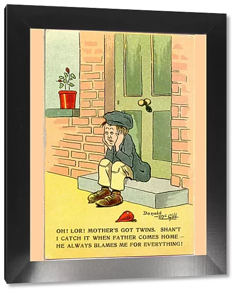 Comic postcard, Little boy sitting on doorstep Date: 20th century