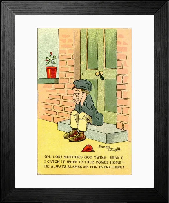 Framed Print : Comic postcard, Little boy sitting on doorstep Date: 20th century Framed Print : Comic postcard, Little boy sitting on doorstep Date: 20th century