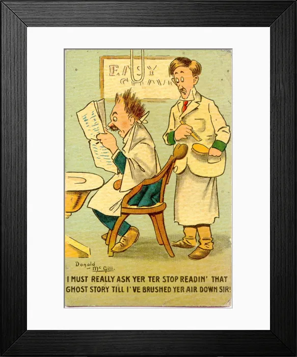 Framed Print : Comic postcard, Man at the barbers Date: 20th century Framed Print : Comic postcard, Man at the barbers Date: 20th century