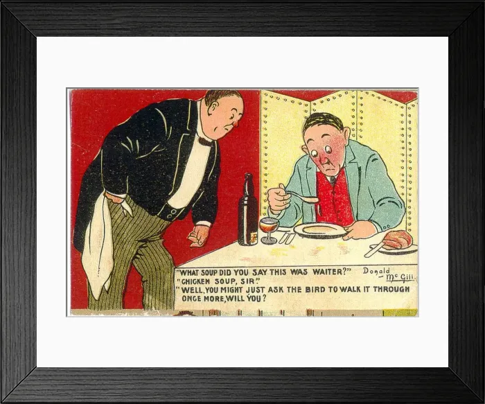 Framed Print : Comic postcard, Man and waiter in restaurant - chicken soup? Date: 20th century Framed Print : Comic postcard, Man and waiter in restaurant - chicken soup? Date: 20th century