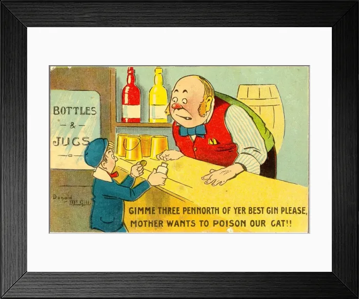 Framed Print : Comic postcard, Little boy and barman Date: 20th century Framed Print : Comic postcard, Little boy and barman Date: 20th century